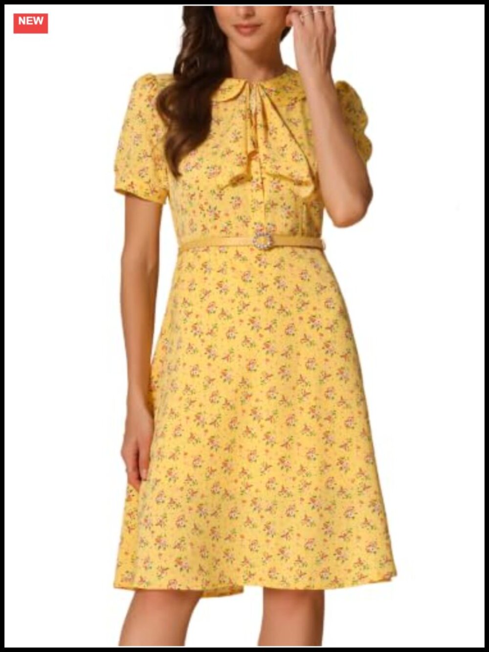 Allegra K Peter Pan Collar Floral Dress with Belt Button Up